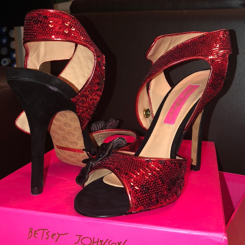 Betsey Johnson red & black open-toe sequin heels